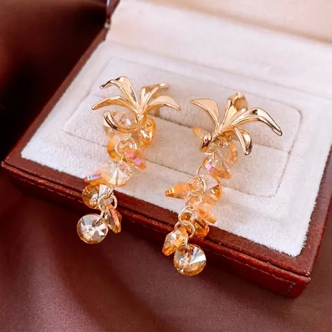 Vintage Champagne Glass Bead Tassel Drop Earrings With 925 Sterling Silver Earring Post Women Elegant Flower Jewelry