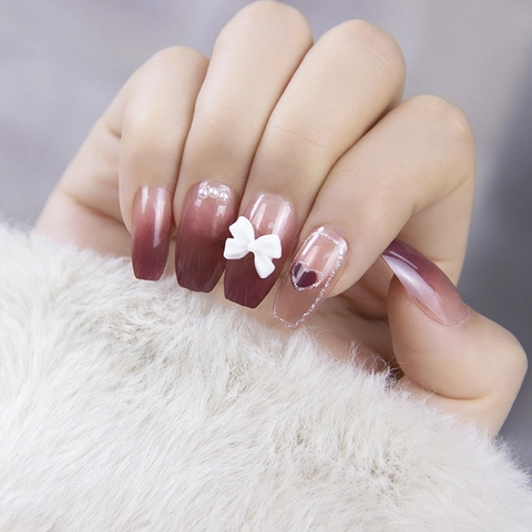 French Heart Press On Nails Gradient Purple Pink Sweet 3D Bow Knot Artificial Pearl Plastic Decorative For Women False Nails