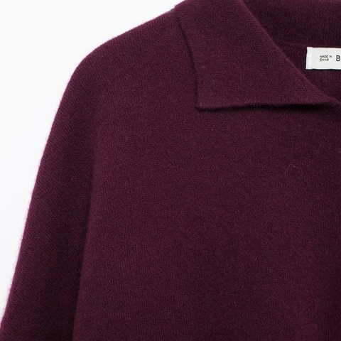 Suéter De Punto Con Cuello Polo Para Mujer Manga Larga Rojo Borgoña Holgado Informal Top Con Botones