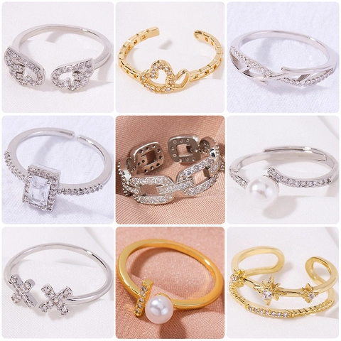 Anello in Rame Vintage con Zirconia e Perla Artificiale per Donna Anello a Forma di Cuore Geometrico Minimalista Oro Argento