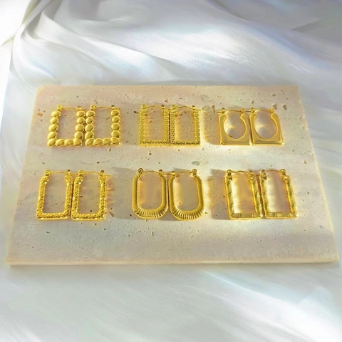 Geometrische Rechteckige Creolen Edelstahl 18K Vergoldet Bambus Hammerschlag Textur Modeschmuck Für Frauen