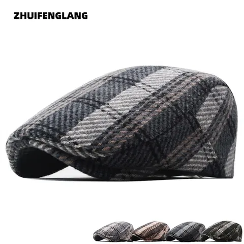 Newsboy Pet Tweed Wolmix Ruit Retro Britse Stijl Warm Verdikt Verstelbare Platte Pet Voor Heren