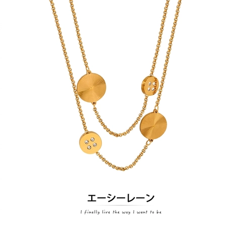 Collar Largo de Acero de Titanio Vintage con Colgante Redondo para Mujer Cadena de Suéter con Circonia Incrustada Joyería de Moda