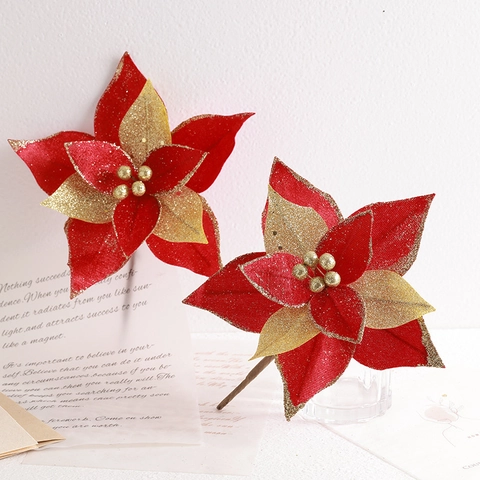 Artificial Christmas Poinsettia Flowers Velvet Fabric Glitter Xmas Tree Ornaments Wreath Making Holiday Party Vintage