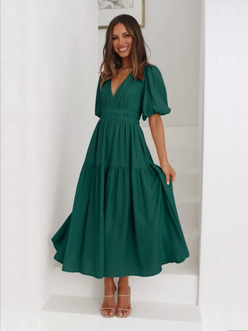 Women V Neck Bubble Sleeve Polyester Maxi Dress Solid Color High Waist Tiered Cake Skirt Vacation Elegant Summer