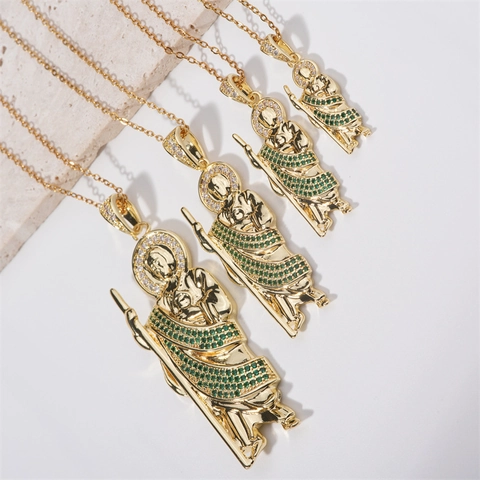 Collar Con Colgante De San Judas Cobre Bañado En Oro Circonita Verde Blanca Joyería Religiosa Hip Hop Para Hombre Mujer
