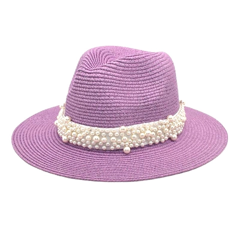 Women Summer Straw Fedora Hat Wide Brim Sun Protection Elegant Artificial Pearl Ribbon Band Woven Beach Vacation Jazz Hat