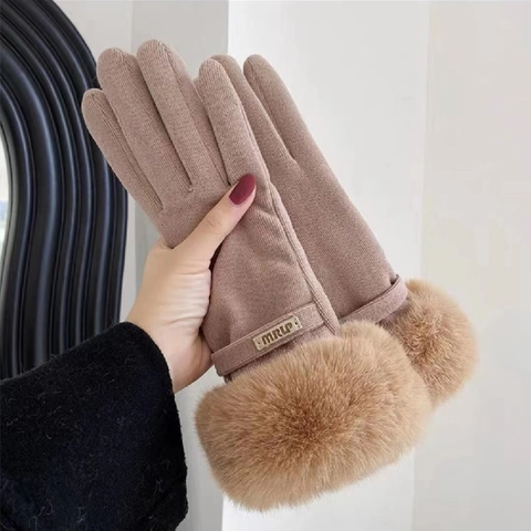 Guantes Cálidos Invierno Mujer Gamuza Sintética Grueso Peluche Ribete Piel Pantalla Táctil Cortavientos Exterior Elegante