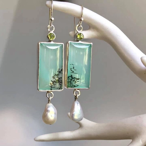 Vintage Geometric Drop Earrings With Artificial Baroque Pearl And Green Moss Agate Stones Irregular Silver Color For Women