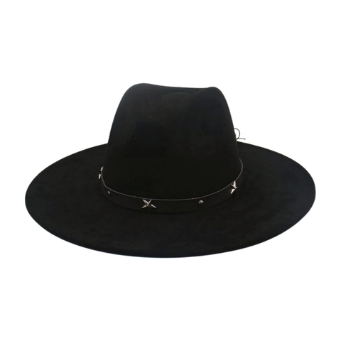 Vintage Faux Suede Wide Brim Fedora Hat With Star Studded Leather Belt Western Cowboy Style Jazz Cap For Women Men
