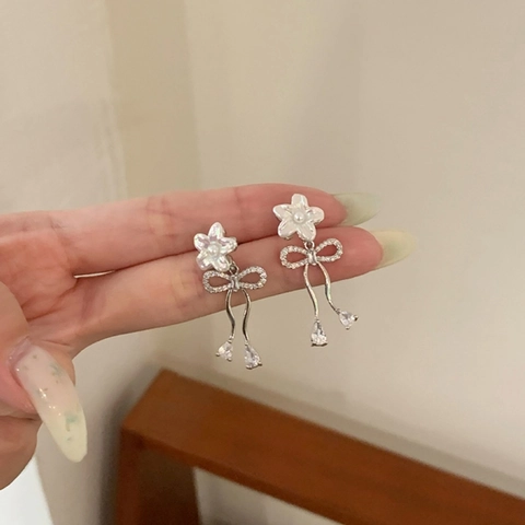 Blumen Schleife Künstliche Perle Tropfenohrringe Mit Silbernem Ohrstecker Strass Elegant Zirkonia Luxus Accessoires Für Damen
