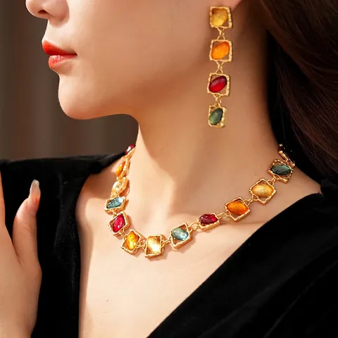 Vintage Jewelry Multi-color Resin Alloy Square Pendant Necklace And Drop Earrings With Silver Earring Post Luxury Women