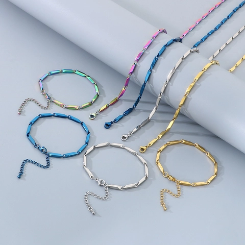 Collana E Bracciale In Acciaio Inossidabile Hip Hop Catena Di Bambù Geometrica Gioielli Minimalisti Da Uomo Lucentezza Metallica