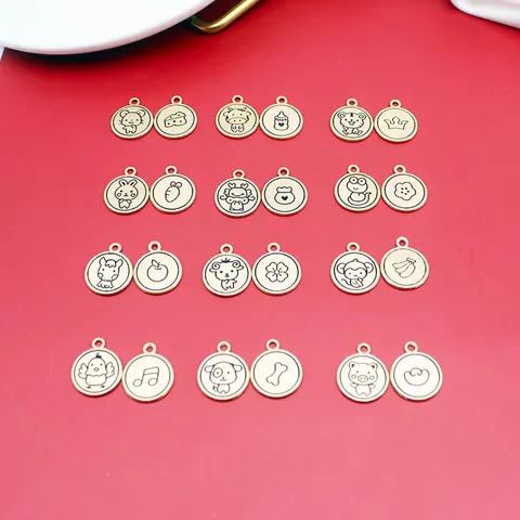 Round Chinese Zodiac Charms Alloy Gold Plated Double Sided Cartoon Animal Pendants For DIY Jewelry Making Accessories