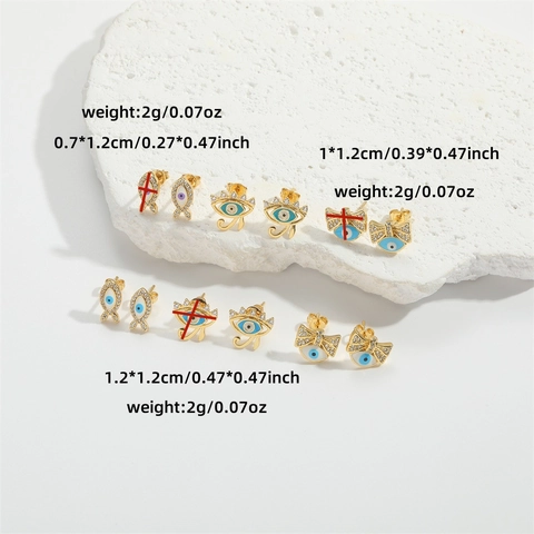 Franse Vintage Verguld Koper Boze Oog Oorknopjes Voor Vrouwen Prachtige Zirconia Emaille Strik Vis Horus Oog Sieraden