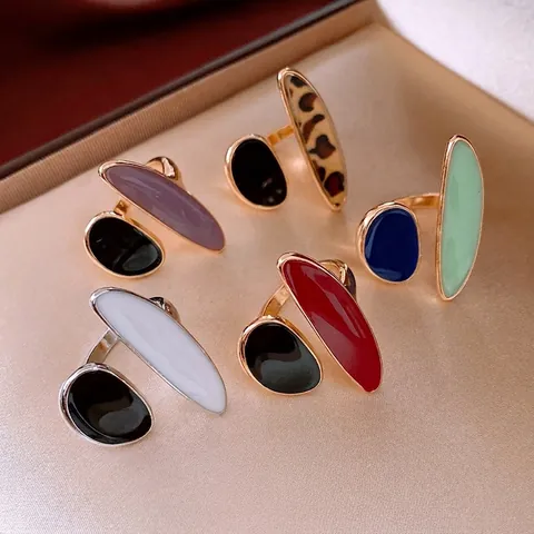 Vintage Asymmetric Open Ring Alloy Leopard Print Enamel Geometric Adjustable Jewelry For Women Retro Fashionable Elegant
