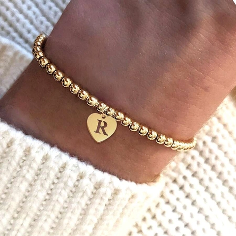 Minimalist Kupfer Perlen Armband Mit Herz Initialen Anhänger Gold Silber Plattiert Alphabet Mode Schmuck Für Damen Geschenk