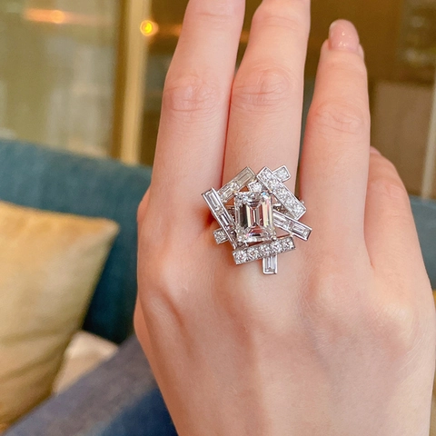 Bague Géométrique En Cuivre Avec Zircone Taille Émeraude Architecture Bijoux Moderne Déclaration Pour Femmes Luxe