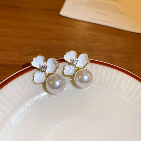 Orecchini A Goccia Con Künstliche Perle Di Imitazione Di Fiori Bianchi Con Perno In Argento Lega Strass Gioielli Francesi Retrò Donne