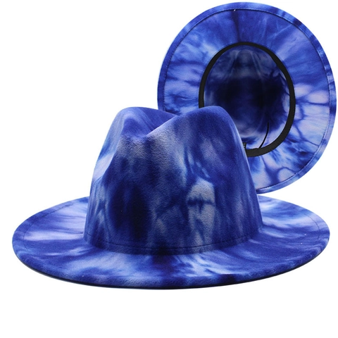 Tie-Dye Fedora Hoed Met Brede Rand Katoen En Polyester Mix Vintage Jazz Stijl Verstelbaar Voor Heren Dames
