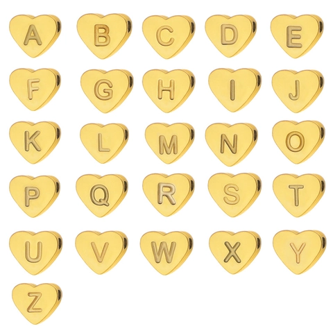 Heart Alphabet Letter Beads Gold Plated Stainless Steel Mirror Polished For DIY Jewelry Making Bracelet Necklace Charms