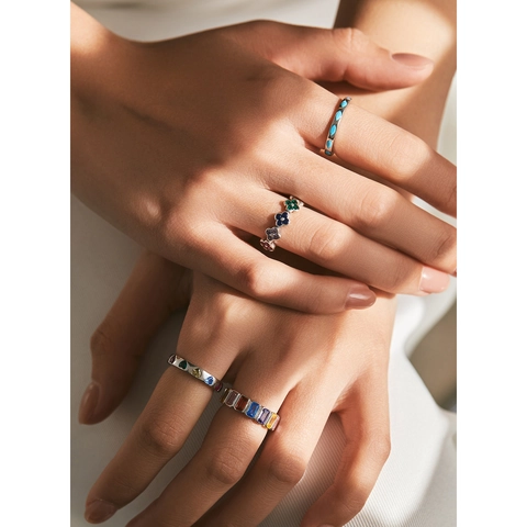 Ring 925 Sterling Silber Bunter Zirkon Herz Vierblättriges Kleeblatt Regenbogen Türkis Vielseitiger Modeschmuck Damen