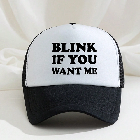 Trucker Hat Mesh Baseball Cap Breathable Adjustable Snapback Curved Brim Blink If You Want Me Slogan Print Sun Hat Adult