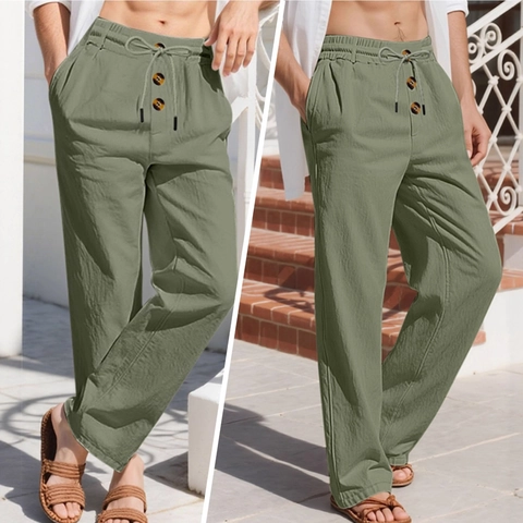 Men Casual Pants Linen Blend Drawstring Elastic Waist Straight Leg Breathable Solid Color Lightweight