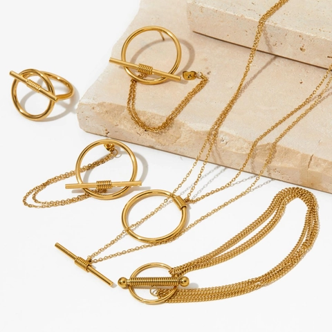 Stainless Steel Jewelry Necklace Earrings Bracelet Ring Geometric OT Clasp Minimalist Fashion Women Accessories Gold Silver