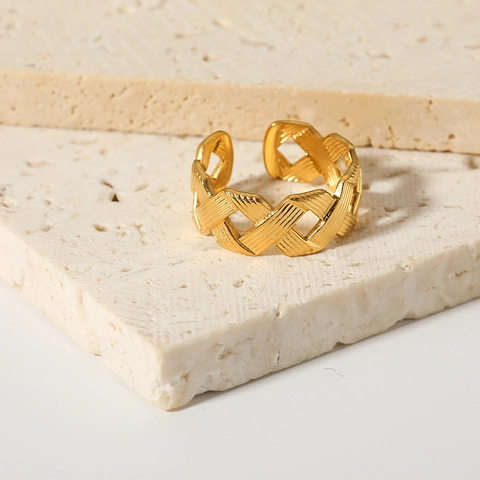 Minimalistischer Geflochtener Offener Ring Edelstahl 18K Vergoldet Verstellbares Band Ins Stil Schmuck Für Frauen