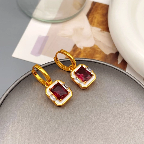 Orecchini a Cerchio Vintage in Ottone con Zirconia Eleganti Smalto Geometrico Champagne Rosso Blu Verde Pietra Orecchini Donna Gioielli