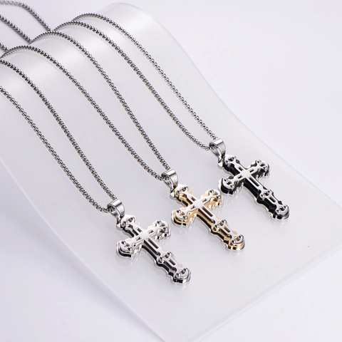 Cross Pendant Necklace 316L Stainless Steel Multi Layer Rivet Punk Hip Hop Style Jewelry Gift For Men