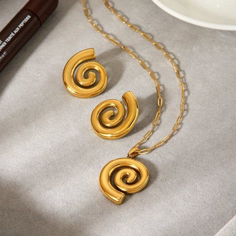 Collana Con Pendente A Spirale Geometrica E Orecchini Acciaio Inossidabile Placcato Oro Gioielli Da Donna