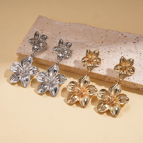 Western Double Layer 3D Flower Drop Earrings Alloy Metallic Textured Jewelry With Silver Earring Post For Women