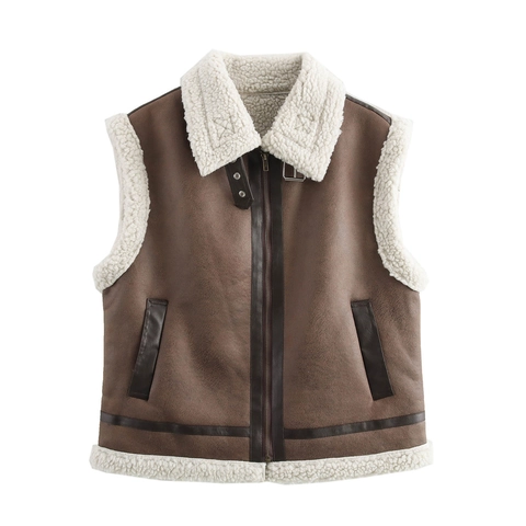 Damen Lammfellimitat Wildleder Weste Vintage Revers Reißverschluss Ärmellose Jacke Winter Warm Casual Streetwear Weste