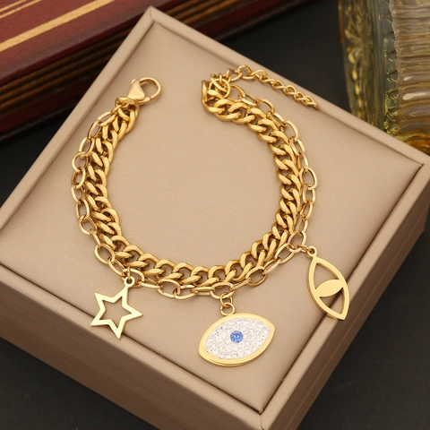 Evil Eye Jewelry Stainless Steel Double Layered Necklace Bracelet Earrings Adjustable Ring Women Bohemian Blue Enamel