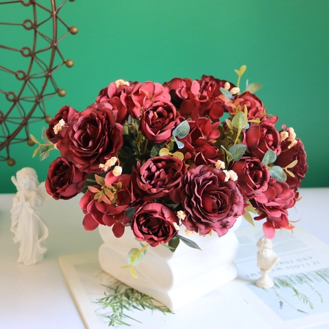 Künstlicher Rosen Pfingstrosen Hortensien Blumenstrauß Vintage Satinnstoff Blumendekor Für Hochzeit Zuhause
