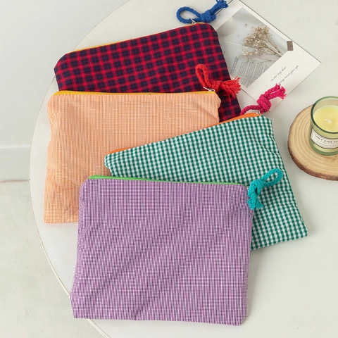 Gingham Karierte Kosmetiktasche Canvas Stoff Make-up Beutel Reißverschluss Tragbare Reise Toilettenartikel Organisator Simple