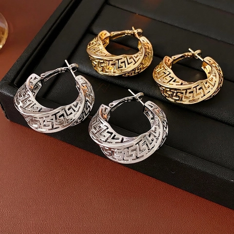 Hollow Out Greek Key Hoop Earrings Copper Geometric Twisted Vintage Fashion Jewelry With Silver Earring Post