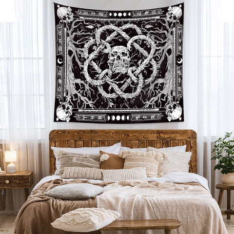 Arazzo Gotico Teschio Nero E Bianco Poliestere Appeso A Parete Decorazione Della Stanza Con Segni Zodiacali