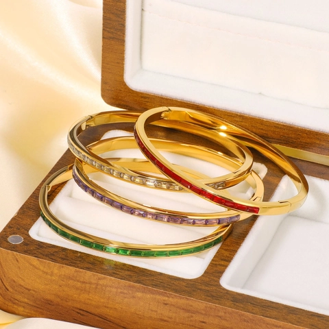 Bracciale Rigido In Acciaio Inossidabile Da Donna Con Zircone Rettangolare Gioielli Minimalisti Vintage Francesi Colorati Chiusura