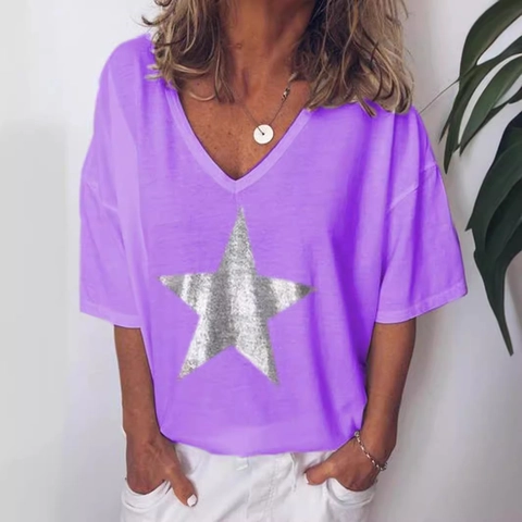 Dames Casual V-Hals Korte Mouw T-Shirt Met Zilveren Ster Sprankelende Borduurwerk Patroon Losse Elegante Zomer Top Voor Vrouwen