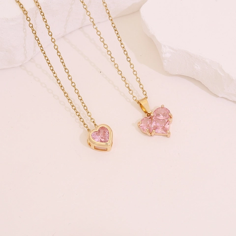 Herz Anhänger Halskette Gold Plattiert Edelstahl Rosa Zirkon Kleines Design Schlüsselbeinkette Für Damen Mode Schmuck