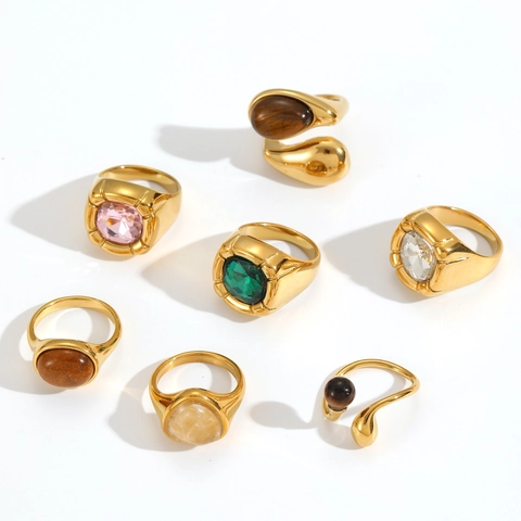Mode 18K Vergulde Roestvrijstalen Ringen Voor Vrouwen Zirkoon Tijgeroog Vintage Geometrisch Verstelbaar Waterdicht