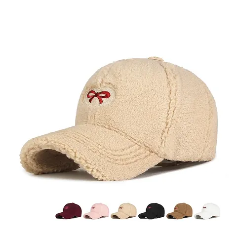 Casquette De Baseball Femmes Laine D'agneau Polaire Cœur Nœud Broderie Hiver Chaud Réglable Mode Décontracté
