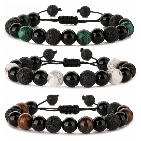 Natural Lava Stone Beaded Bracelet Handmade Adjustable Woven Rope Retro Ethnic Style Jewelry For Men And Women