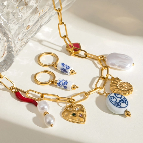 Collana In Acciaio Inossidabile Placcato Oro Stile Mediterraneo Con Ciondoli In Ceramica Cuore E Perla Artificial