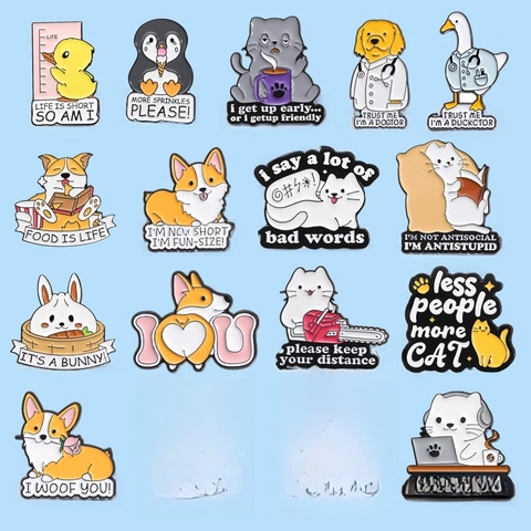 Épinglette En Émail Animal De Dessin Animé Humour Corgi Chat Canard Broche En Alliage Badge Avec Citations Drôles Pour Vêtement