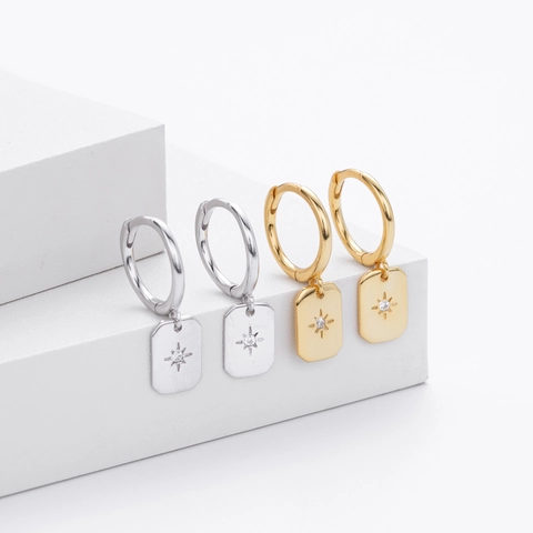 925 Sterlingsilber Nordstern Anhänger Hoops Ohrringe Für Damen Geometrische Rechteckige Zirkonia Ohrhänger Französischer Schmuck