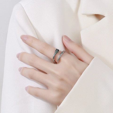 925 Sterling Silver Emerald Green Zirconia Snake Open Ring For Women Adjustable Animal Design Vintage Antique Jewelry